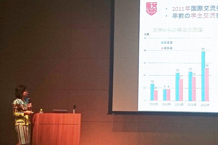 本学における国際交流の現状と課題をプレゼンしている泉